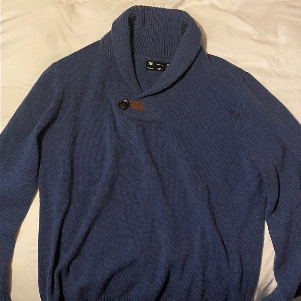 31 Men’s Shawl Collar Sweater – Blue Knit – Size Extra Large
